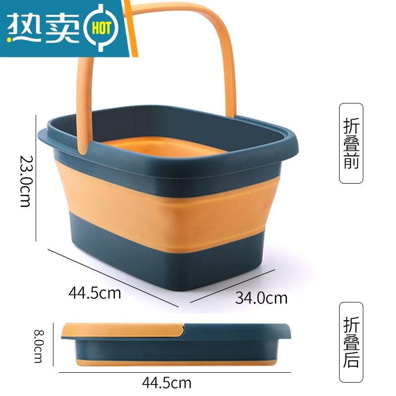 JING PING可折叠足浴盆家用节省空间塑料按摩洗脚盆过小腿过膝高泡脚桶盆子 深蓝方形带提手70%客户选择
