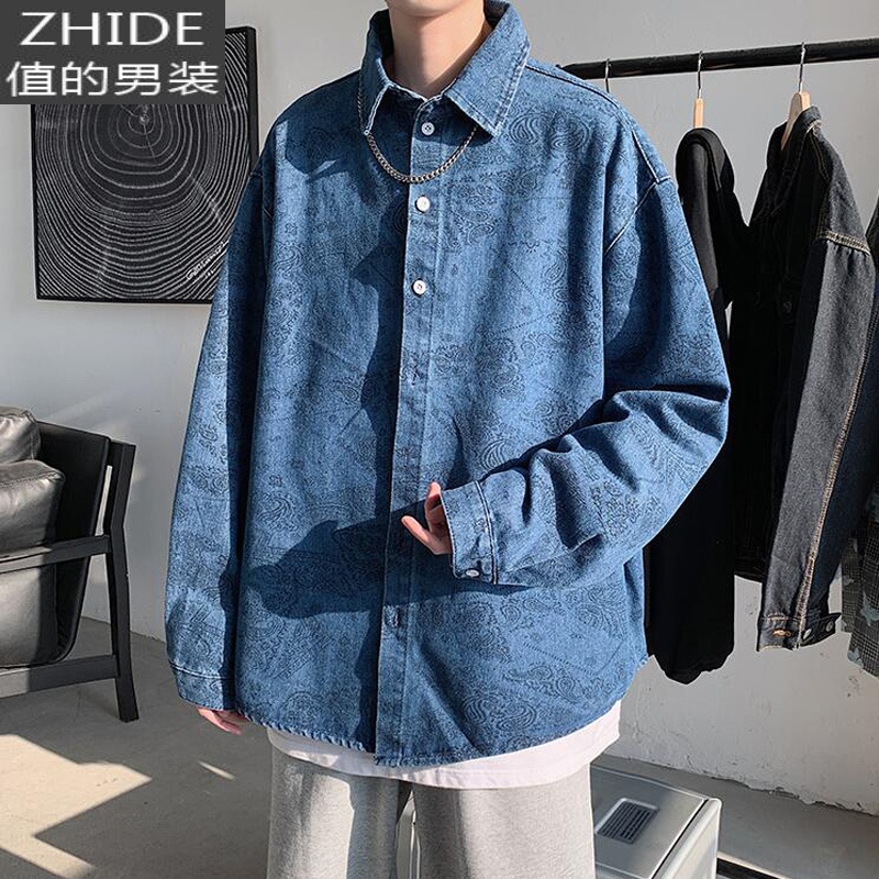 SUNTEK复古牛仔衬衫男长袖韩版潮流港风日系帅气很仙的痞帅内搭蓝色衬衣衬衫高清大图