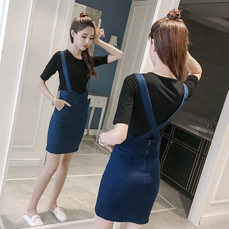 春夏时尚套装女韩版修身牛仔背带裙包臀连衣裙子蝴蝶结短袖两件套 单件裙子 S