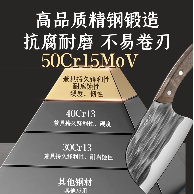 苏泊尔(SUPOR)菜刀家用锻打锤纹不锈钢斩骨切片刀具厨房超快锋利厨师专用 KEA165AB10-锤纹切片刀