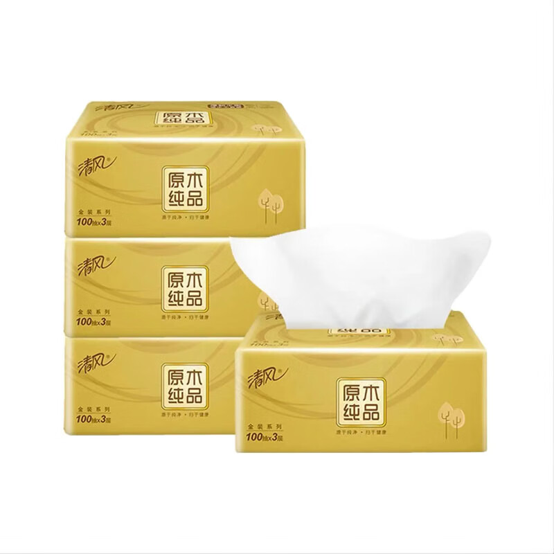 清风原木金装抽纸3层100抽4包 AR42GZZ-1T(新旧包装随机)