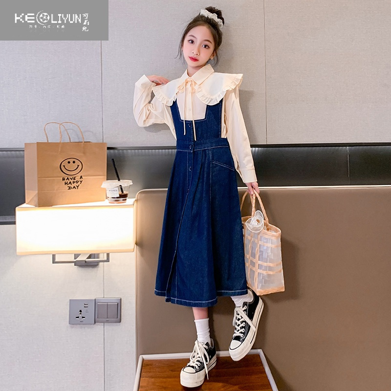 可莉允女童牛仔背带裙套装女孩大童春装2023新款裙子儿童连衣裙时髦