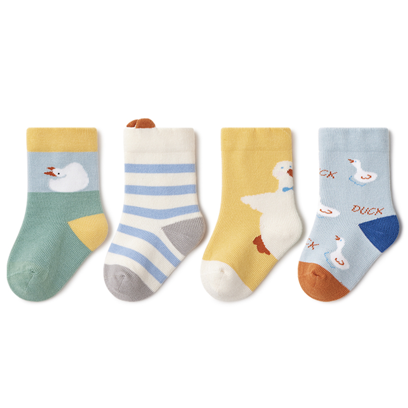 贝比婴儿袜春秋薄款新生婴儿纯棉卡通儿童短袜秋冬中筒袜4双装