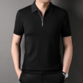 夏季新款男士短袖T恤桑蚕丝商务休闲时尚拉链纯色POLO衫 170 黑色