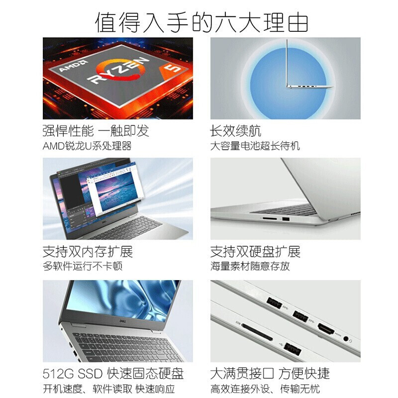 戴尔(DELL)灵越3525 2022年新品 商用办公 轻薄便携 Win11 15.6英寸 笔记本电脑 R5-5625U 8GB 512GB 银色