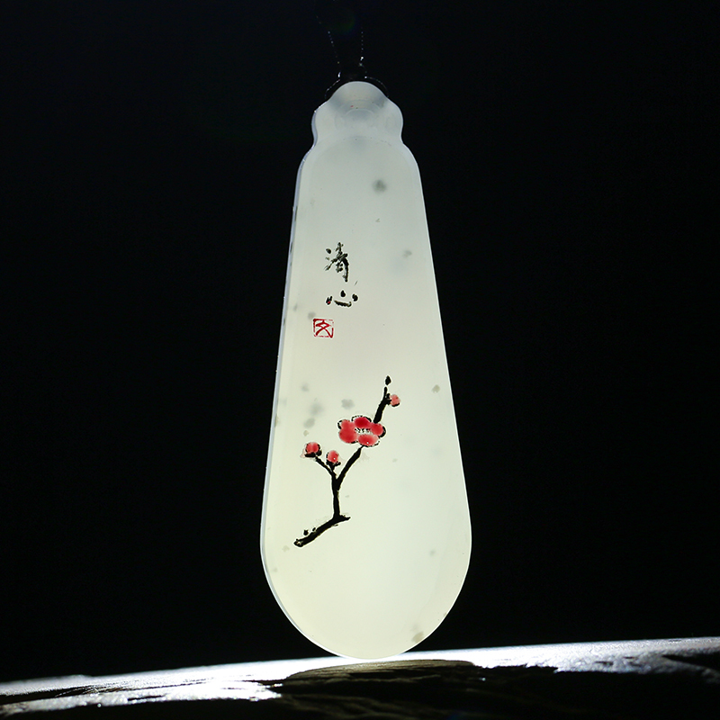 印象眸[玉雕大师陈朋旭工作室作品]和田玉意境线雕白玉吊坠寒梅傲雪
