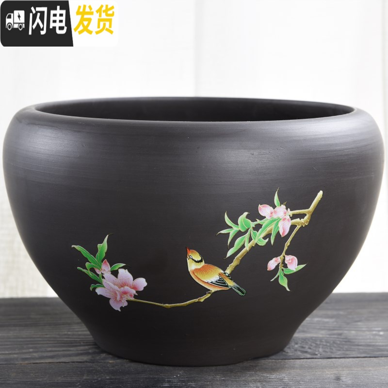 三维工匠水培荷花睡莲铜钱紫砂碗莲盆缸小金鱼无孔大号陶瓷花盆 紫砂荷花缸-山水 中等花盆容器高清大图