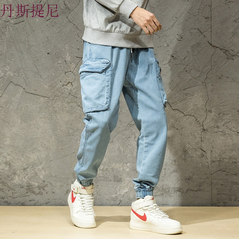 牛仔裤男宽松大码潮牌休闲束脚工装裤秋季个性嘻哈小脚哈伦长裤子