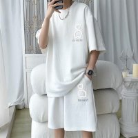 华夫格短袖套装男士港风宽松大码时尚潮流小熊印花五分袖 3XL 白色