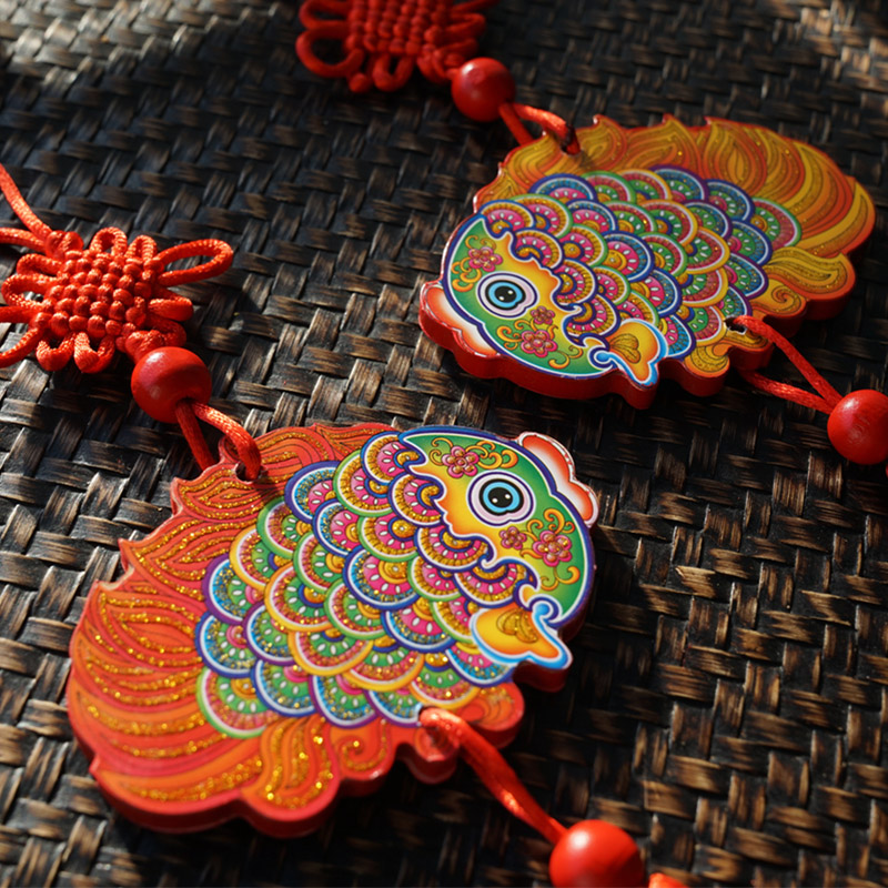 福人福地旅游纪念品创意汽车挂件民族风中国结木质福鱼复古国潮挂饰双面红 七彩小鱼挂件(黄色)BD.20.01.01.01高清大图