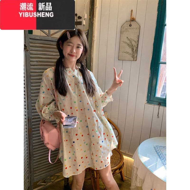 YIBUSHENG波点长袖衬衫裙甜美裙子女季新款气质短裙宽松小个子日系连衣裙图片