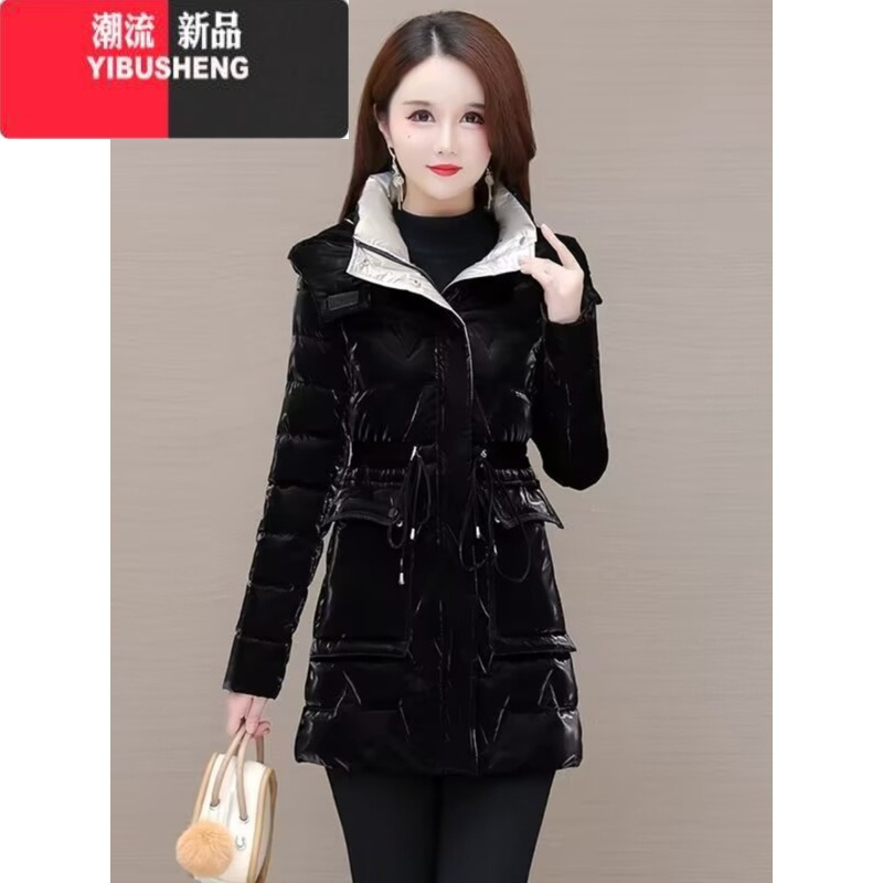 yibusheng棉衣女中长款冬季新款珠光亮面羽绒棉服加厚韩版修身时尚