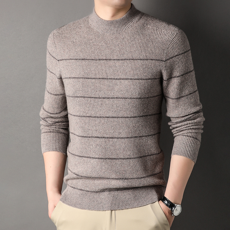 春秋厚款山羊绒衫男圆领100%纯羊绒衫条纹宽松打底衫加厚男士毛衣羊毛衫100%纯羊毛套头羊绒衫男士保暖上衣 浅卡其 175