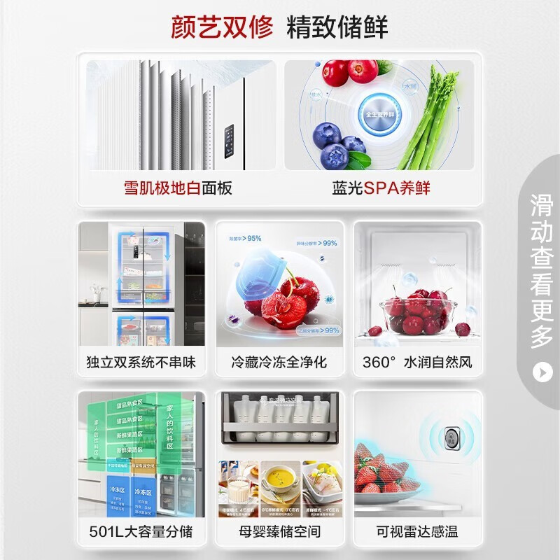 容声(Ronshen)蓝光养鲜501升十字对开四开门冰箱家用无霜变频一级能效BCD-501WD18FP大容量双循环白色高清大图