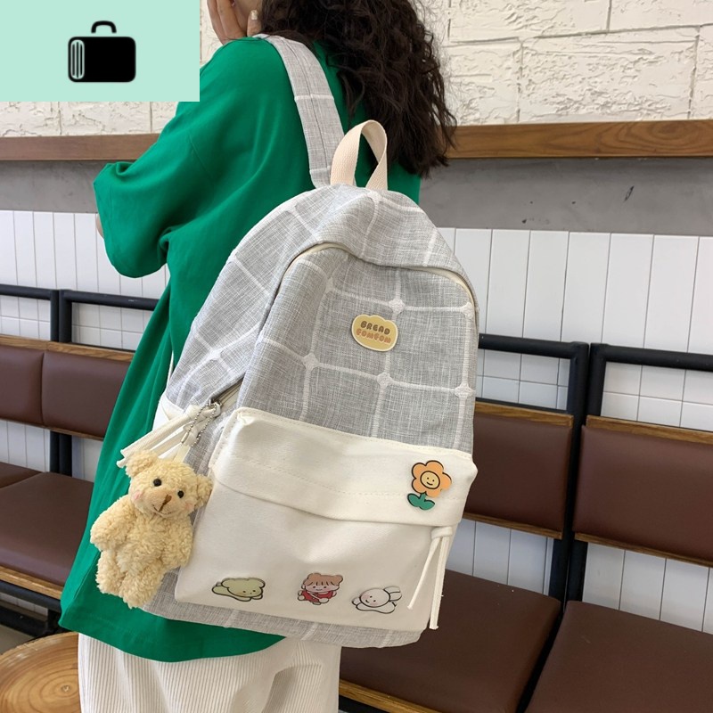 ins书包女韩版高中原宿ulzzang初中生中学生森系百搭小清新双肩包NEWLAKE 灰色（带小熊挂件）