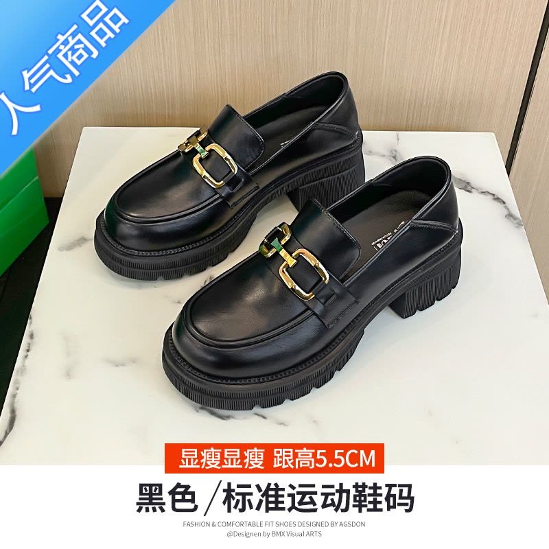 SUNTEK厚底乐福鞋女夏一脚蹬英伦JK小皮鞋2023新款复古小众黑色单鞋松糕图片
