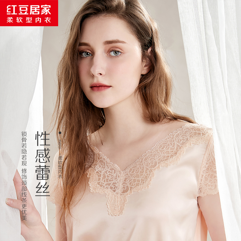 红豆居家女士蕾丝领仿真丝面料睡裙
