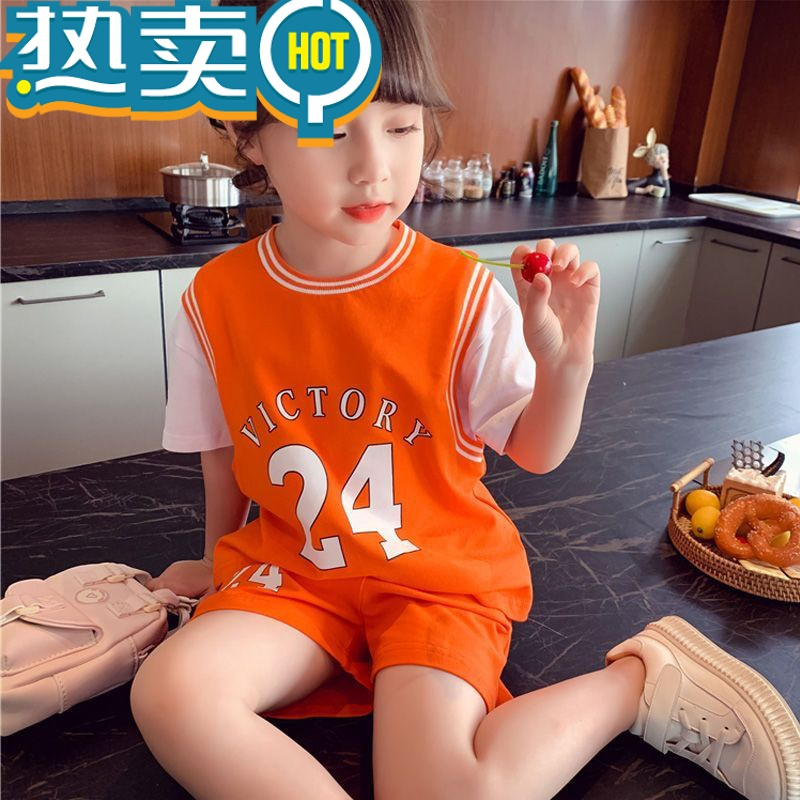 绿彩虹光儿童运动套装2023新款女童夏装洋气短袖T恤短裤两件套女孩球队服