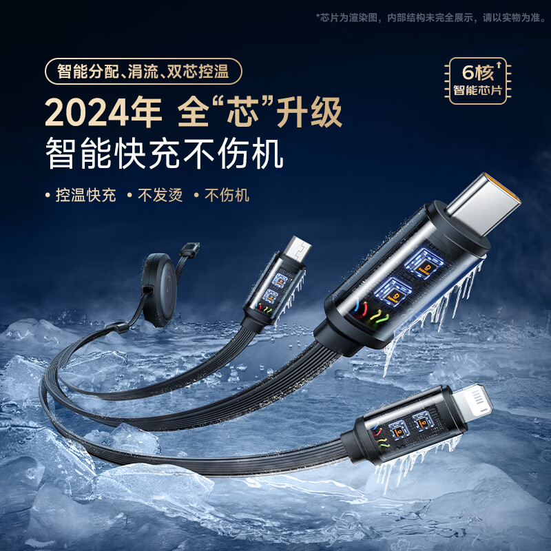 倍思(BASEUS)酷睿系列 随意拉伸快充数据线 USB to M+L+C 3.5A 1.1m 星曜黑 规格:1.1m高清大图