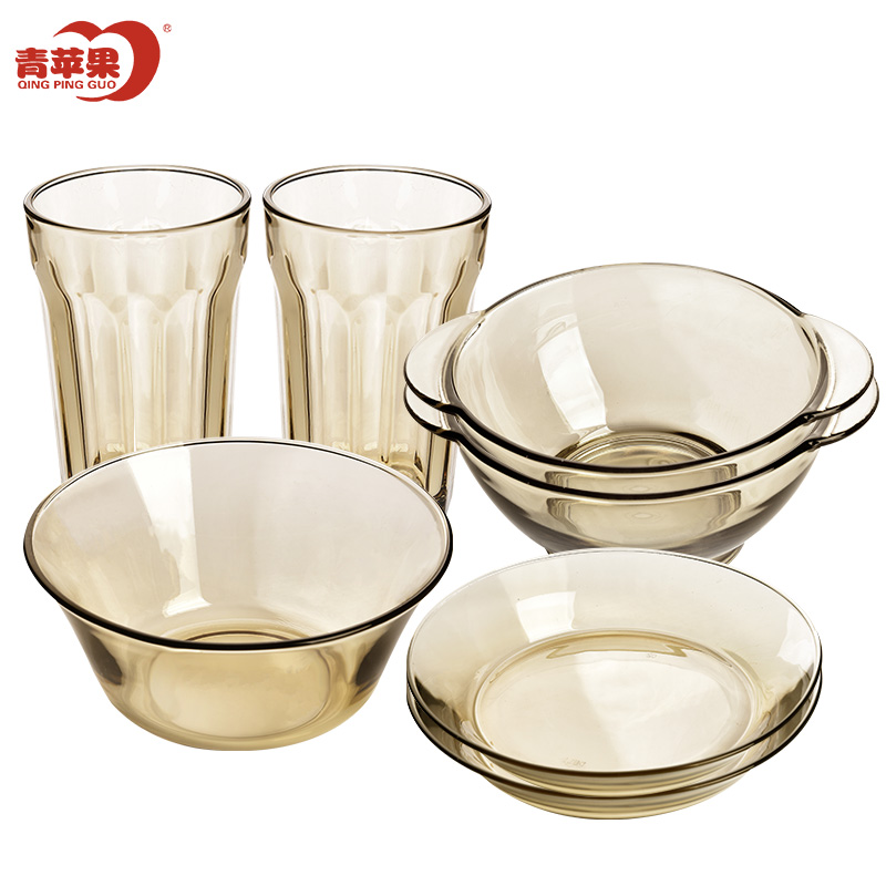 青苹果餐具家用透明耐热玻璃碗碟深浅盘现代简约7件组套装参数