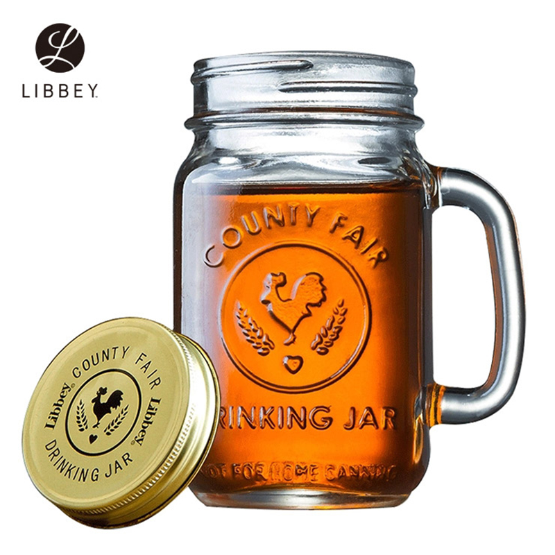 Libbey利比田园多用把杯(印花,带盖)488ml 进口玻璃杯公鸡杯果汁杯梅森杯透明不保温水杯子带盖