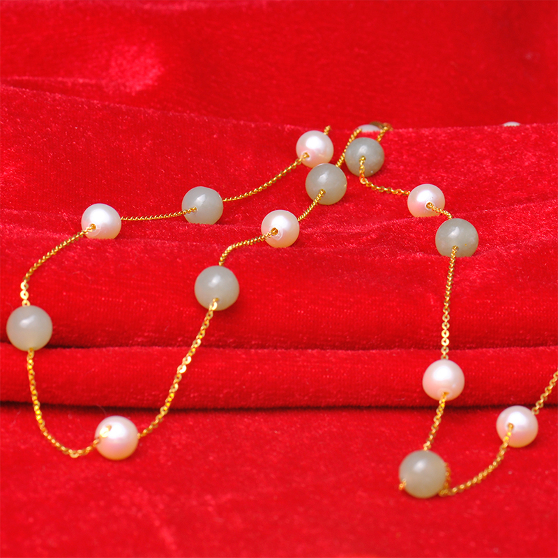 梦克拉 18k金淡水珍珠和田玉项链 仲夏夜 满天星 毛衣链 多圈手链 一款多戴高清大图