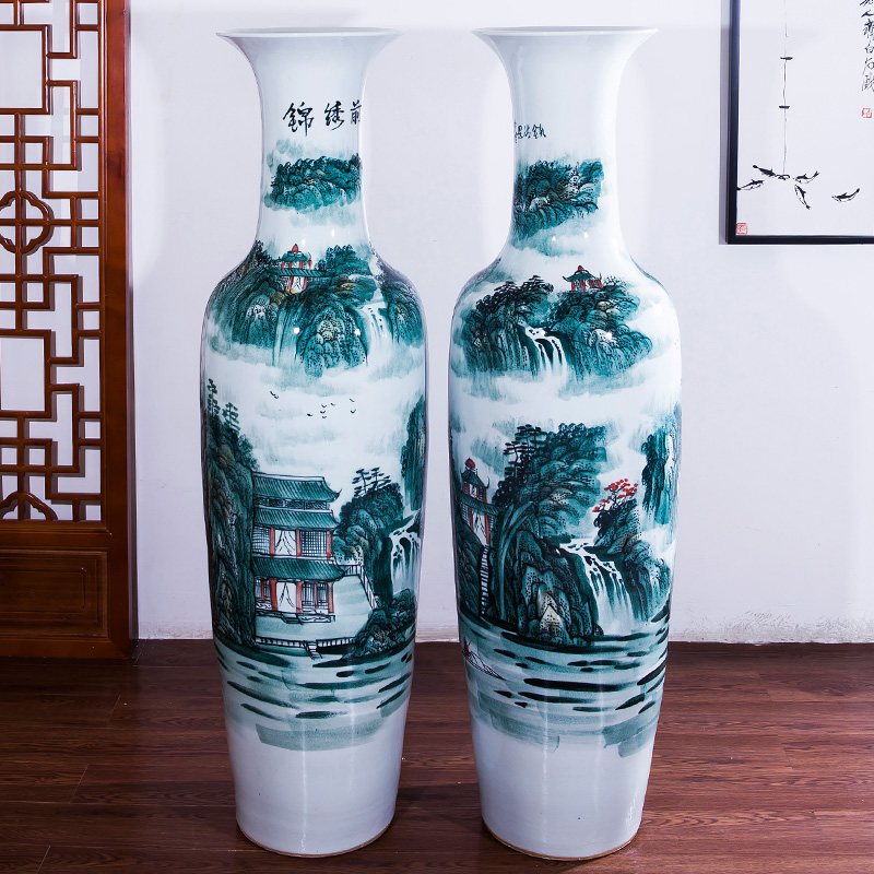景德镇陶瓷器手工手绘锦绣前程落地大花瓶青花瓷客厅酒店装饰摆件 三维工匠 1.8米墨彩手绘锦绣前程单个高清大图
