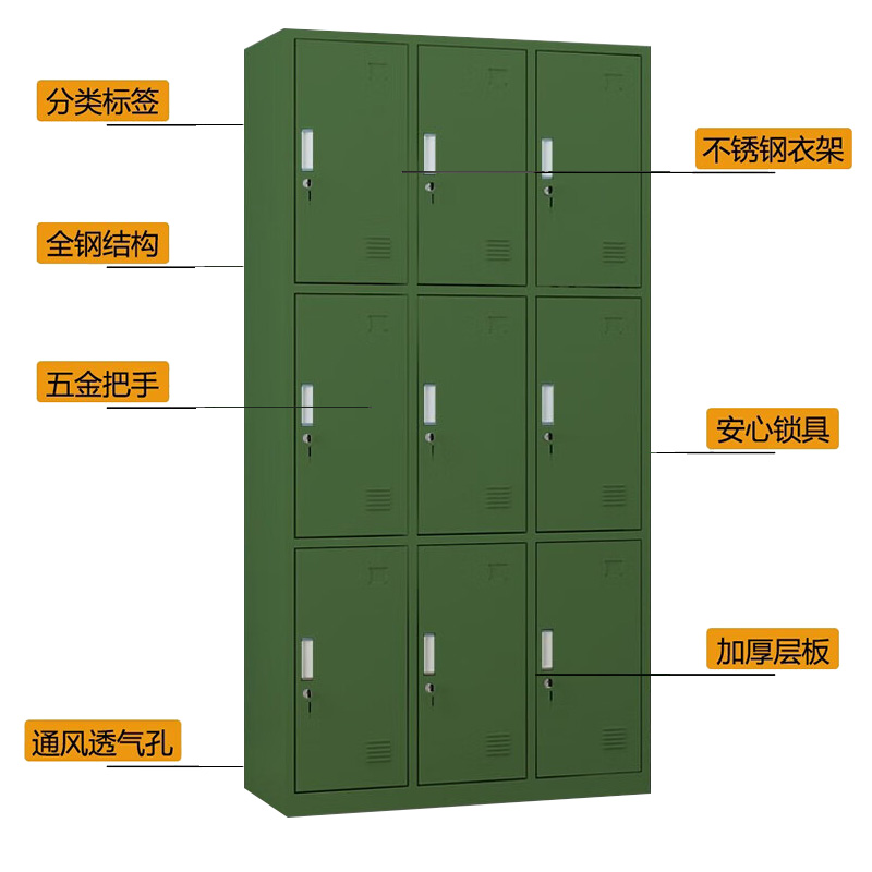 湘渭铁皮更衣柜宿舍储物柜钢制内务柜制式绿皮衣帽柜绿色9门更衣高清大图