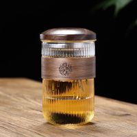 日式锤纹玻璃杯商用复古风加厚泡茶杯茶水分离带盖双层家用杯 条纹杯