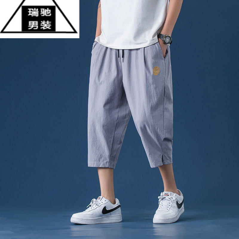 希杰狮王七分裤男夏亚麻男裤短裤青少年运动裤直筒宽松7分裤棉麻休闲