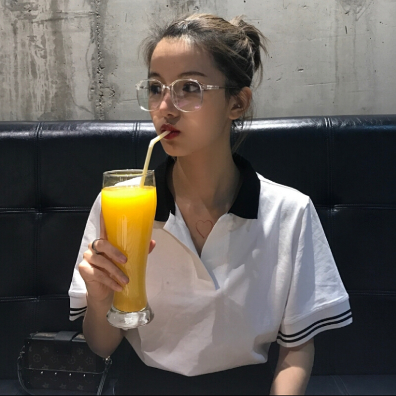 春夏女装韩版宽松短袖polo衫T恤百搭学生休闲打底衫中袖体恤上衣黑色均码