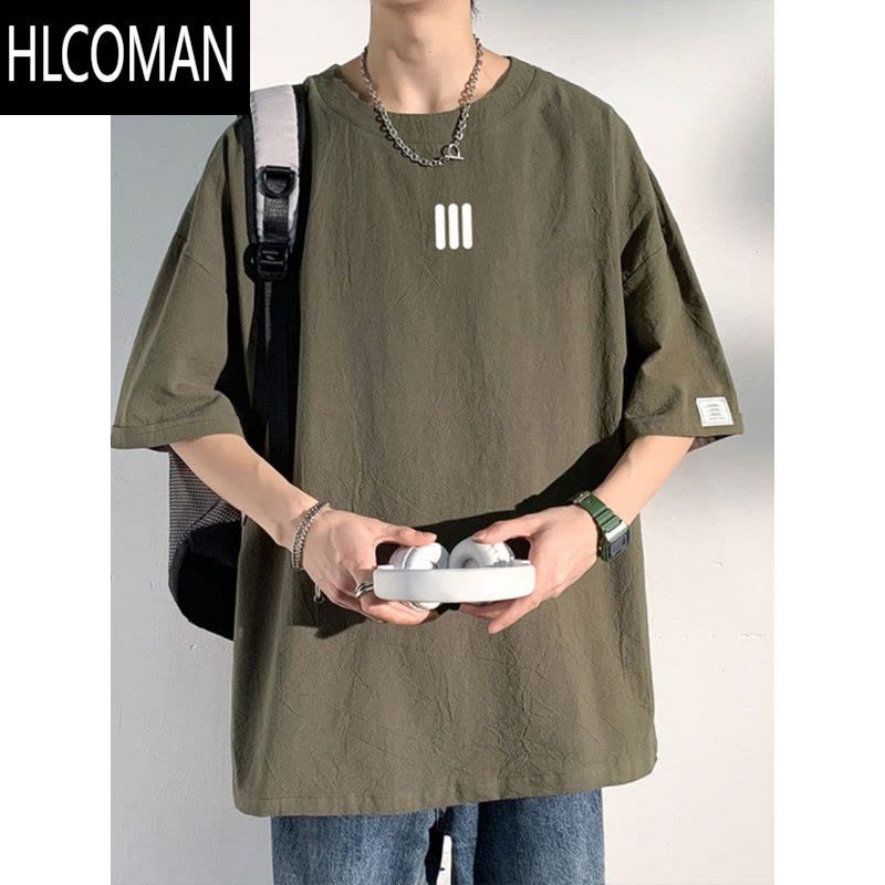 HLCOMAN透气亚麻T恤男士短袖夏季新款薄款上衣宽松冰丝棉麻半袖衣服图片