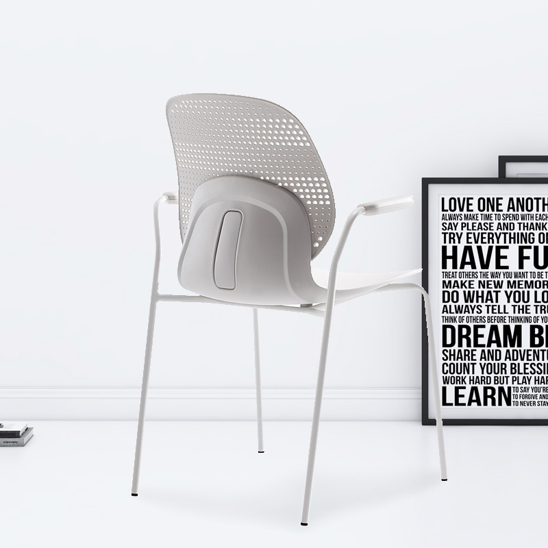 臻远ZY-7835 简约休闲办公椅轻奢铁艺靠背椅 白背白座扶手款高清大图