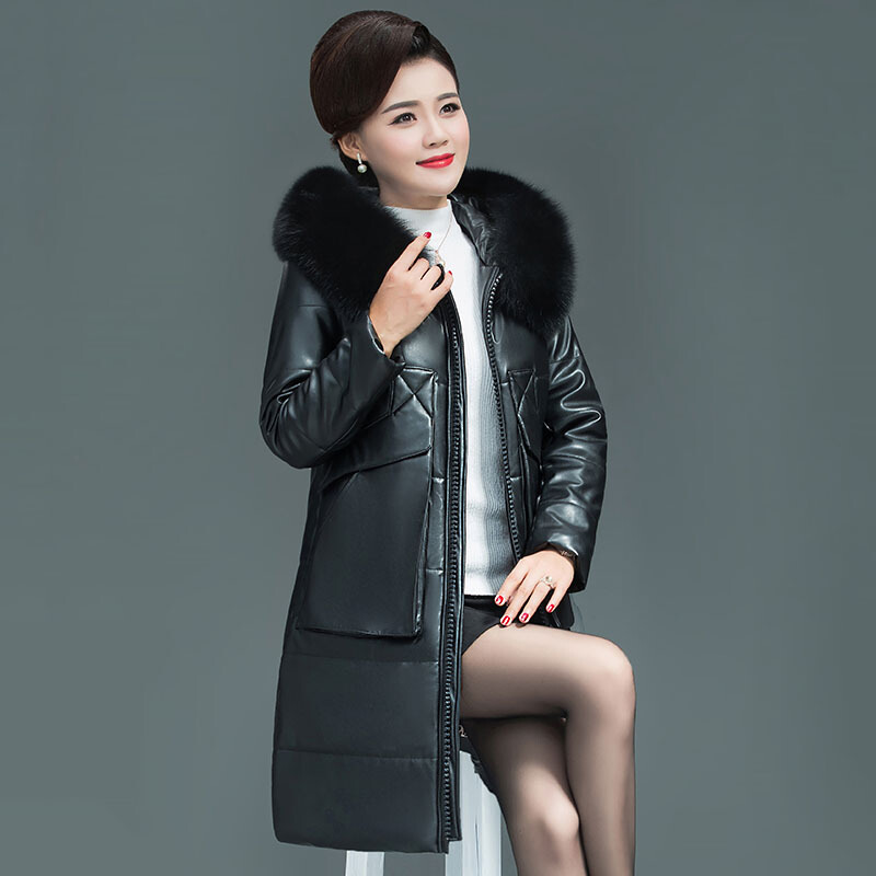 迪鲁奥（DILUAO)海宁皮皮衣女冬中长款宽松大码加厚中老年妈妈装棉服外套 L【建议90-115斤】 861黑色