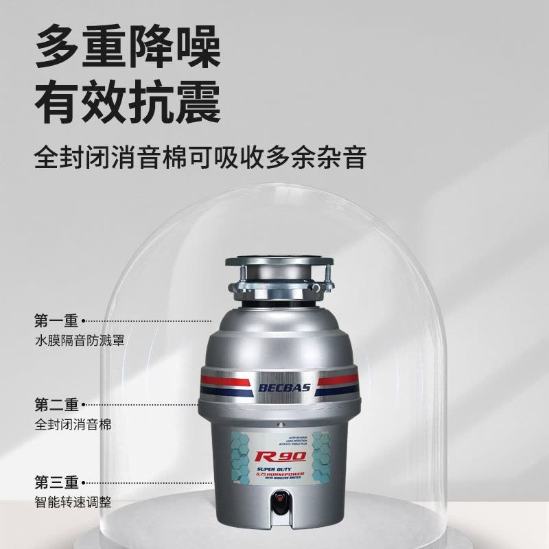 [变频]贝克巴斯垃圾处理器R90 厨房厨余粉碎机 自动关机 变频电机 无线开关高清大图
