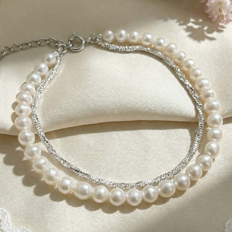 北京黄金 925 银天然淡水珍珠电银闪花双层手链 轻奢气质百搭银饰手饰高清大图