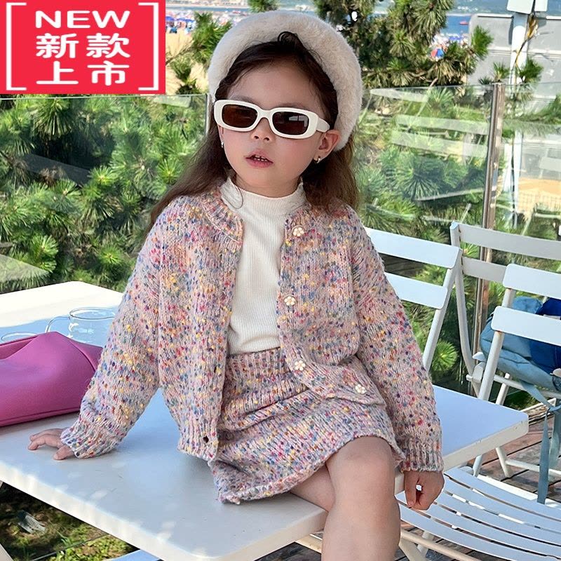 可莉允法式女童毛衣套装复古彩虹棉纱秋冬宝宝针织开衫半身裙洋气赫本风图片