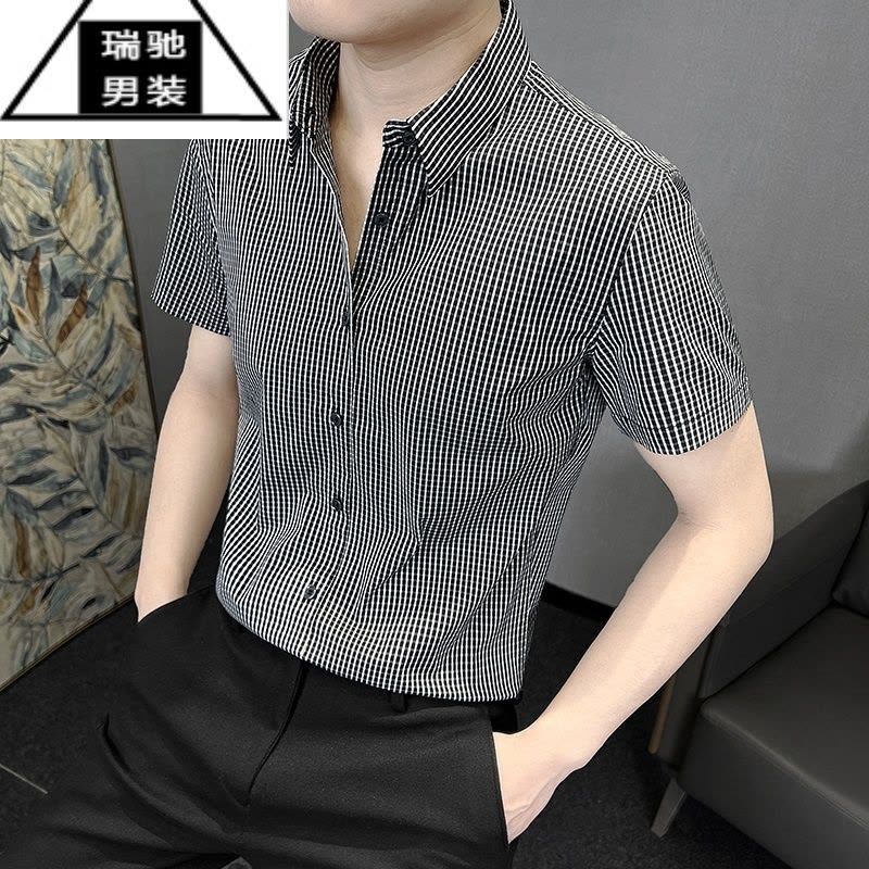 希杰狮王高端格子衬衫男短袖2023夏季修身商务免烫衬衣男士冰丝半袖寸衣潮图片