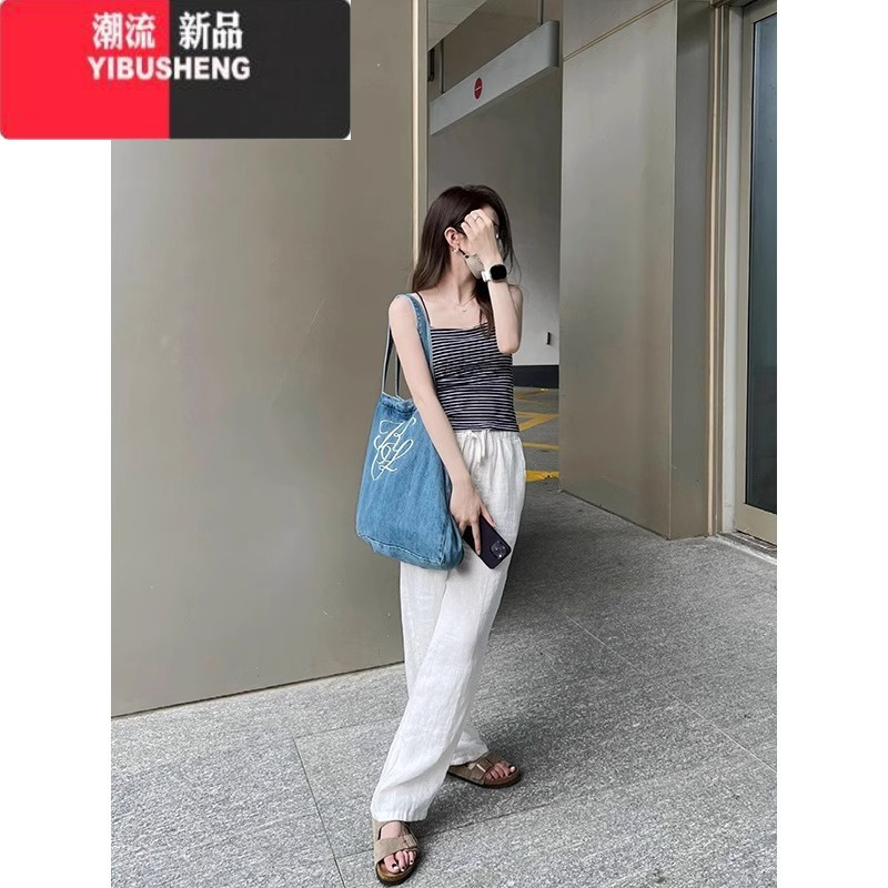 YIBUSHENG白色棉麻裤子女季薄亚麻高腰宽松显瘦阔腿裤苎麻休闲直筒裤
