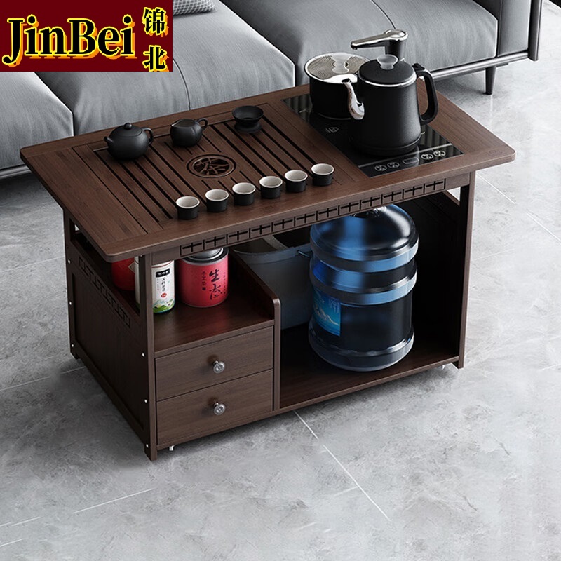 锦北 移动茶台家用竹木小茶桌烧水壶一体简约现代功夫茶几 80长防烫+黑陶茶具高清大图