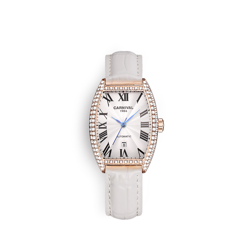 正品嘉年华Carnival手表女士全自动机械表 女表时尚潮流防水镶钻日历表真皮名牌女表新款酒桶腕表8857 玫白白皮