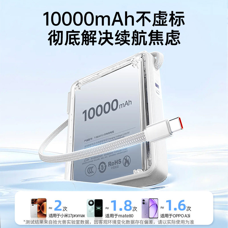 苏宁宜品 P857L 10000mAh 超轻便快充移动电源 黑色安卓小米华为通用自带数据线高清大图