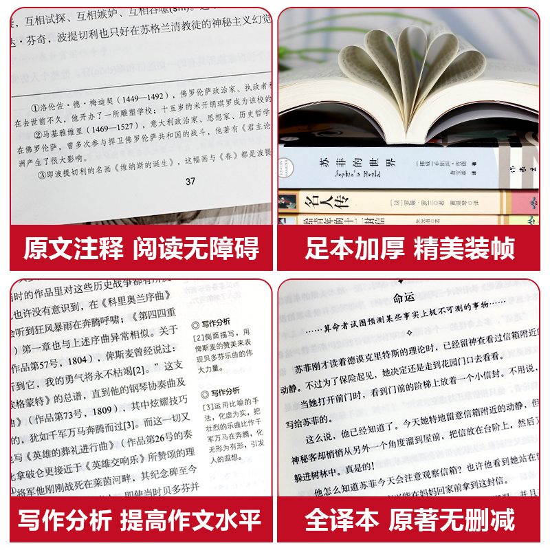 [八年级下册必读名著]全套4册无删减 苏菲的世界 名人传 给青年的十二封信 平凡的世界路遥正版原著完整版初中生课外阅读书