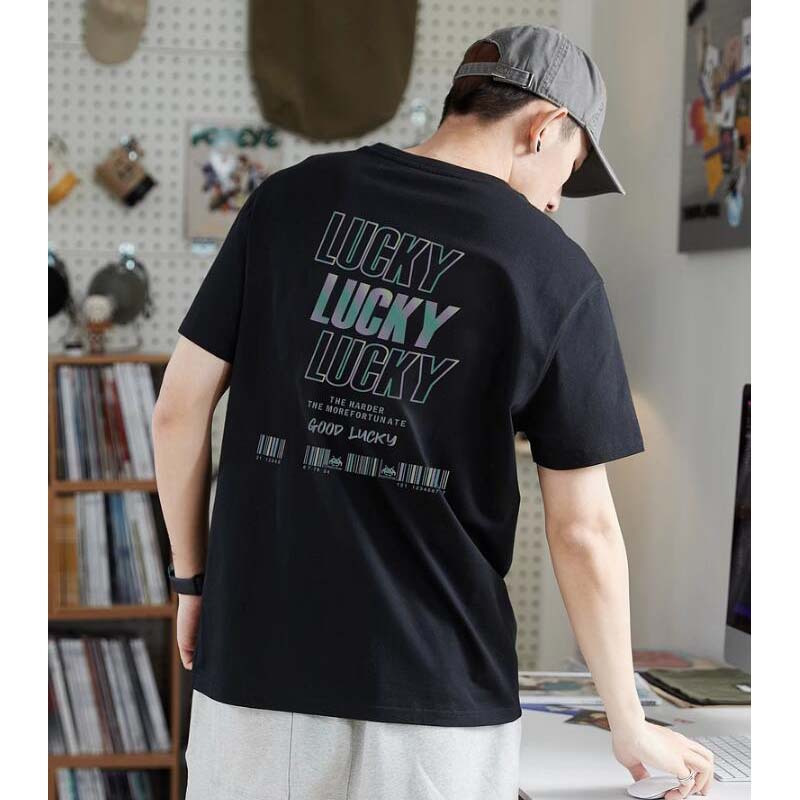 唐狮夏季新款纯棉短袖t恤男潮镭射反光印花圆领男装半袖