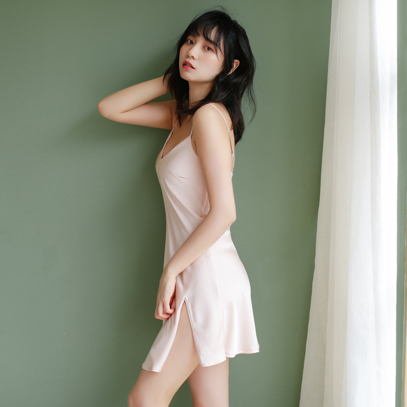 suntek睡裙女夏季冰丝性感睡衣吊带v领开叉情趣私房女士睡裙子薄款