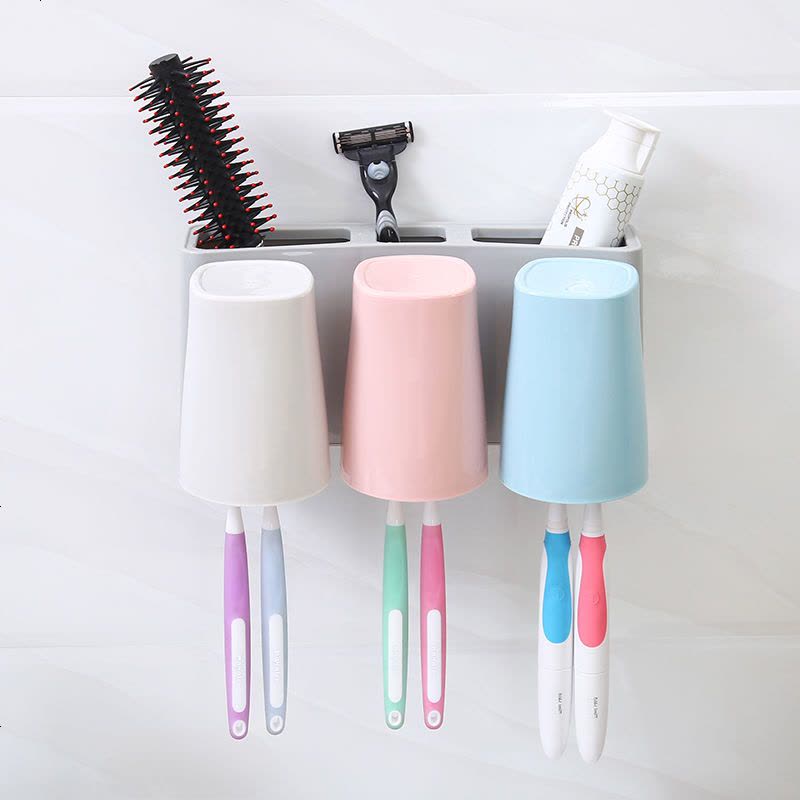 牙刷架牙刷杯套装二杯三杯架壁挂式塑料pp洗漱杯牙膏牙具架置物架 牙刷架(三杯装)图片