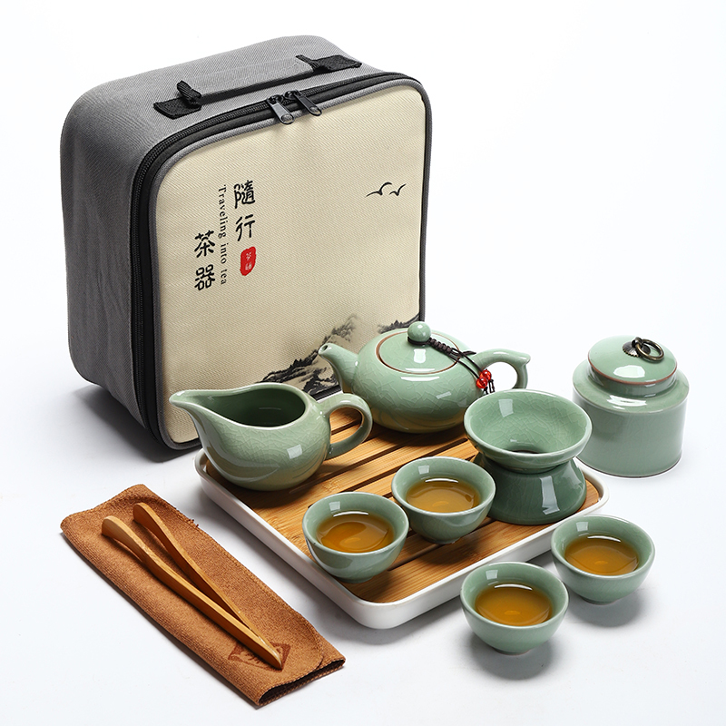 哥窑旅行功夫茶具小套装一壶四杯便携包户外家用简约办公日式茶壶|哥窑(雅致壶)旅行茶具组-布包