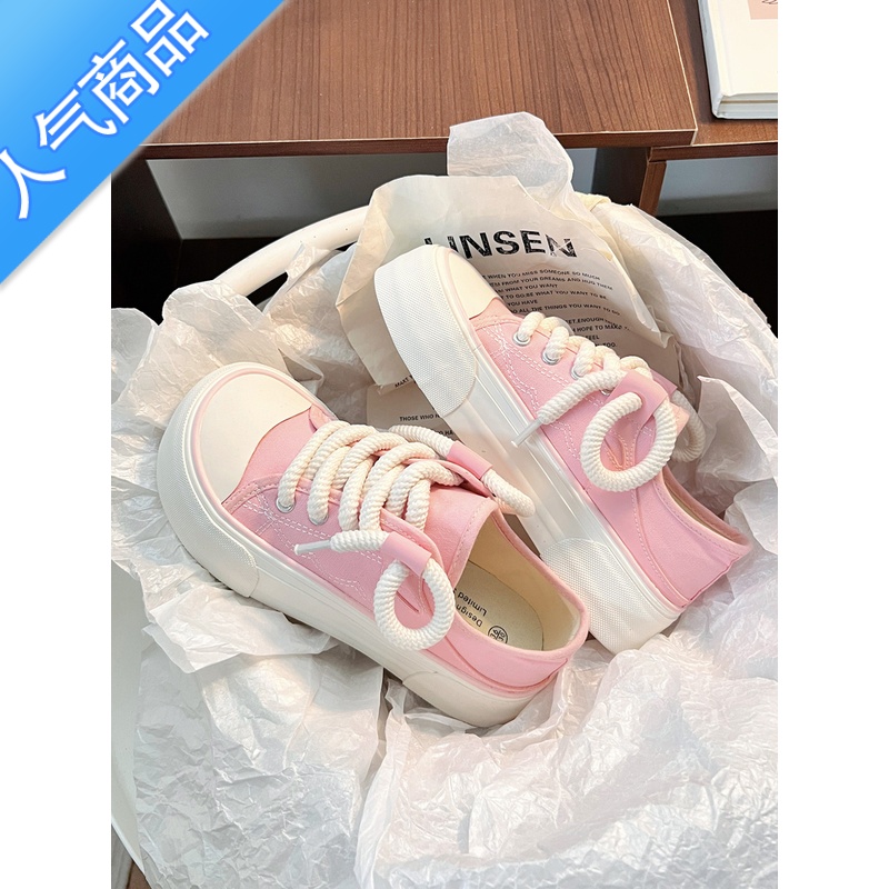 SUNTEK香港潮牌帆布鞋女鞋春秋新款韩版圆头低帮小白鞋百搭厚底休闲鞋女高清大图