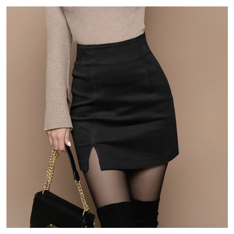 暖青汇包臀裙春秋短裙女黑色高腰一步裙性感紧身半身裙短款显瘦毛呢