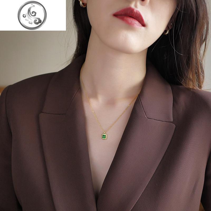 NICESHOP 925纯银镀金方钻祖母绿宝石项链 欧美蛇骨链叠戴锁骨链 JiMi
